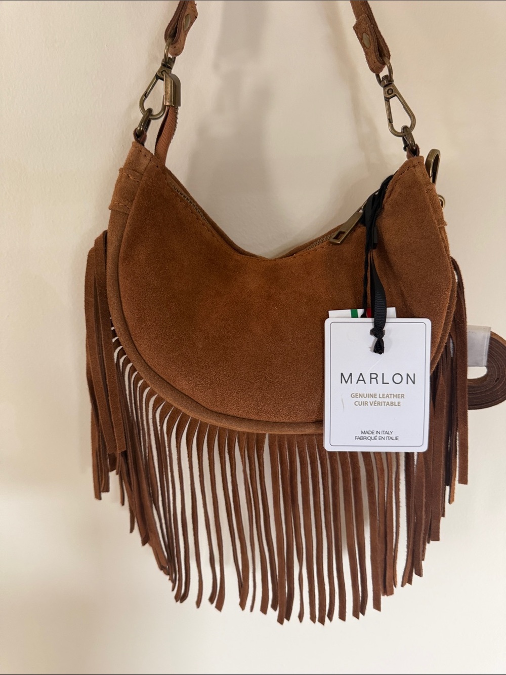 Marlon Boho Brown Calf Suede Fringe Crossbody Bag Shoulder Tote Bag -Italy NWT - Picture 2 of 8
